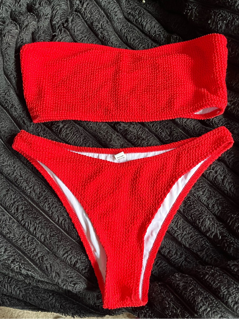 Red Textured Bandeau Bikini Set - Women Swim